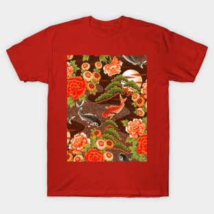 RED BLACK CATFISHES IN MOONLIGHT Kimono Style Antique Japanese Floral T-Shirt